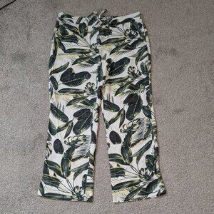 PER SE Green Floral Tropical Wide Leg Pull-On Linen Blend Pants; Size XL